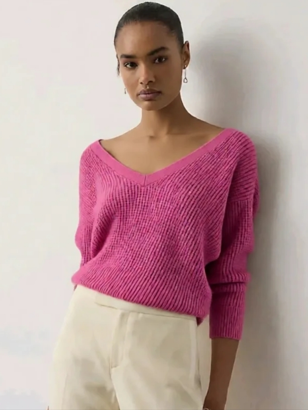 Maeve V-Neck Waffle Knit Sweater - Raspberry Pink - Picture 1 of 7